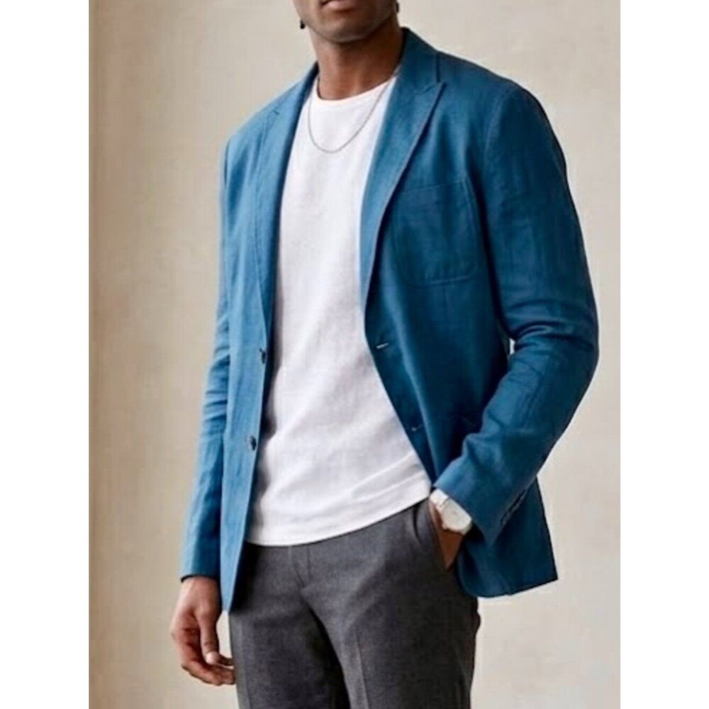 Elie Tahari Men's Teal Blue Linen Lightweight Unstructured Blazer Jacket Large